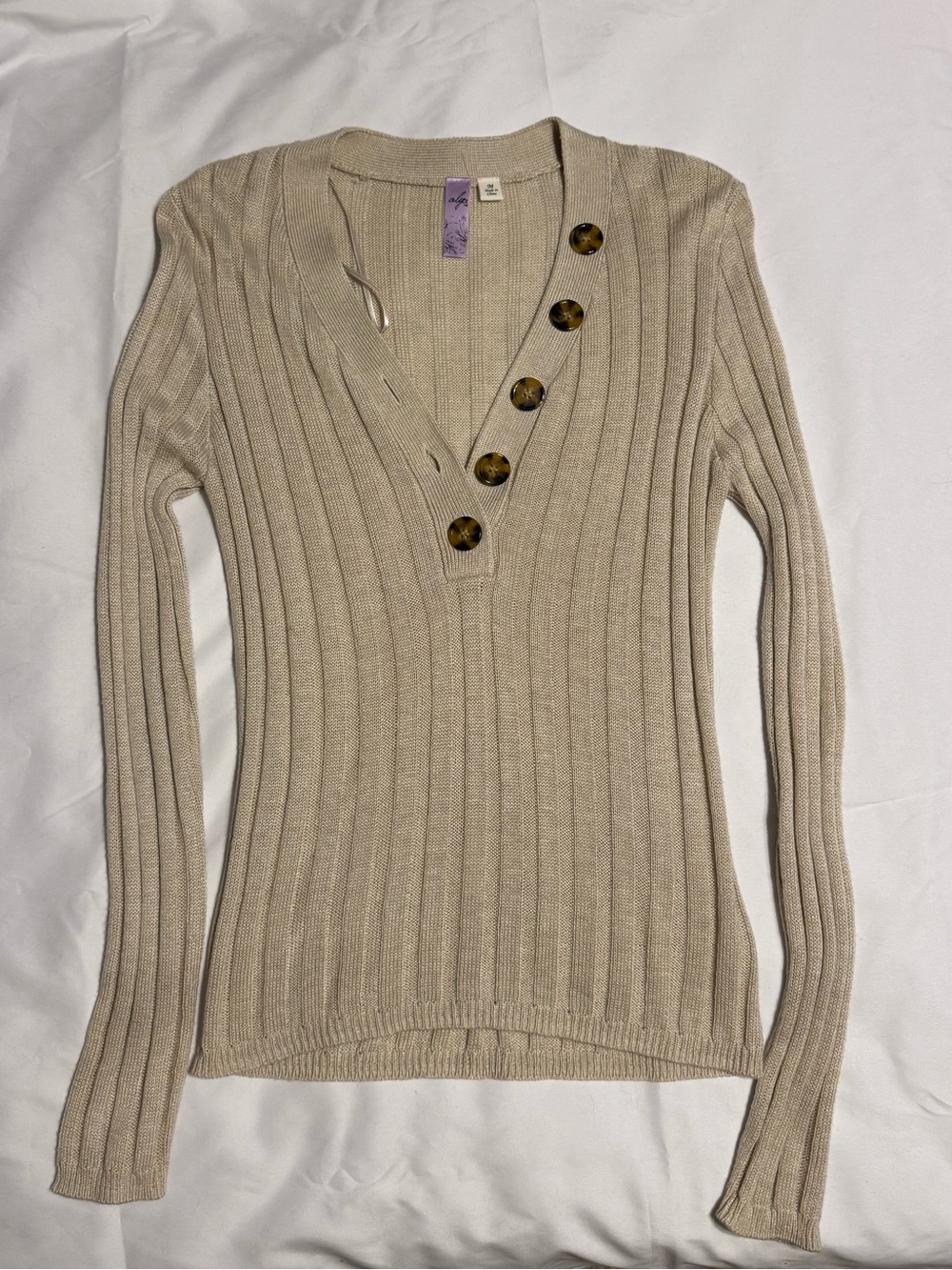 Alya Ribbed V-Neck Button Sweater - Beige
